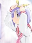  blue_eyes hair_ribbon hiiragi_tsukasa lucky_star mirror purple_hair ribbon school_uniform serafuku short_hair tying wancho 