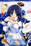  absurdres blue_eyes blue_hair breasts cake cleavage cross food highres long_hair pancake yoshimura_kentaro 