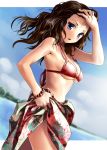  1girl beads blue_eyes blush bracelet breasts brown_hair katahira_masashi long_hair original sarong sky solo swimsuit underboob 