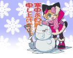  animal_hat blonde_hair boots cat_hat coat gloves green_eyes hat pantyhose scarf short_hair shovel snow snowflakes snowman solo tail wink worktool 