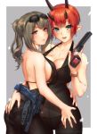  2girls :d arm_around_waist back backless_outfit bangs bare_back bare_shoulders black_bra black_panties bra breast_press breasts brown_hair character_request cleavage copyright_request cowboy_shot eyebrows eyebrows_visible_through_hair fingernails genso glint green_eyes grey_background gun halterneck hand_on_another&#039;s_ass hand_on_another&#039;s_thigh hand_on_ass hand_up handgun highres holding holding_gun holding_weapon horns jewelry large_breasts long_fingernails long_hair looking_at_viewer matching_outfit multiple_girls necklace open_mouth orange_hair outside_border panties parted_lips pointy_ears ponytail red_eyes see-through sheer_clothes short_hair sideboob sleeveless smile strap_gap sunglasses sunglasses_on_head symmetrical_docking thong trigger_discipline twitter_username underwear unitard watch watch weapon white_border 