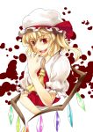  blonde_hair bow bust fang flandre_scarlet hands hat highres jpeg_artifacts ponytail red_eyes short_hair side_ponytail smile sukocchi touhou wings 