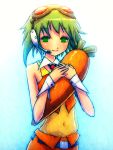  animated_gif blinking blush carrot gif goggles goggles_on_head green_hair gumi headphones headset mike_inel navel see-through skirt smile solo vocaloid 