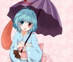  :p blue_hair heterochromia highres karakasa karakasa_obake red_eyes shiro_tsugumi short_hair solo tatara_kogasa tongue touhou umbrella 