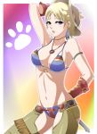  1girl alternate_costume arm_up armlet armpits bikini blonde_hair blue_eyes breasts chaps cleavage cowboy_hat cowgirl demento earrings feather fiona_belli gloves gun hat jewelry kara_age navel necklace o-ring_top open_mouth paw_print pendant pistol short_hair single_earring solo string_bikini swimsuit 
