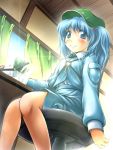  blue_hair chair cucumber curtains from_behind hat indoors kawashiro_nitori key murasaki_kajima sitting smile touhou 