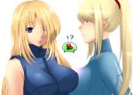  bad_id blonde_hair blue_eyes dual_persona falcon-samus_(artist) metroid metroid_(creature) nintendo ran_komomo samus_aran simple_background zero_suit 