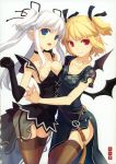  2girls absurdres bat_wings blonde_hair blue_eyes breast_press breasts china_dress chinese_clothes choker cleavage collarbone cosplay costume_switch demon_girl dress elbow_gloves elf evil_grin garter_belt garters gloves h2so4 hair_ribbon highres hug long_hair mabinogi multiple_girls nao open_mouth pointy_ears red_eyes ribbon side_slit silver_hair succubus succubus_(mabinogi) symmetrical_docking thighhighs twintails wings 