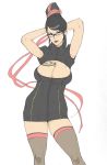  amulet armpits arms_behind_head arms_up bayonetta bayonetta_(character) black_hair breasts brown_eyes candy cleavage cleavage_cutout glasses hair_ribbon kyura9een large_breasts lipstick lollipop long_hair mole mouth_hold ribbon solo thighhighs 