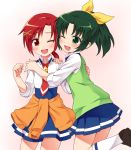  ;d blush green_eyes green_hair hino_akane midorikawa_nao multiple_girls necktie nemou open_mouth pleated_skirt ponytail precure red_eyes red_hair redhead school_uniform short_hair skirt sleeves_rolled_up smile smile_precure! sweater_around_waist sweater_vest white_background wink yuri 
