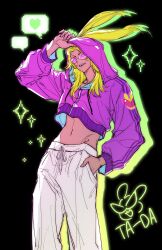  1boy animal_ears arm_up black_background blonde_hair commentary_request cropped_jacket dancing_green drawstring eyes_visible_through_eyewear feet_out_of_frame final_fantasy final_fantasy_xiv glasses groin hand_in_pocket heart highres hood hood_up hooded_jacket jacket korean_commentary long_hair long_sleeves male_focus meommeo_14_2 midriff navel pants pink-tinted_eyewear purple_jacket rabbit_ears simple_background solo sparkle speech_bubble spoken_heart standing tinted_eyewear viera white_pants zipper 