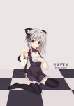  animal_ears artist_name bell black_legwear checkered checkered_floor chess_piece dated floor high_school_dxd holding kuroneko_(raven534) looking_at_viewer maid no_shoes silver_hair simple_background sitting solo tail thigh-highs thighhighs toujou_koneko wariza yellow_eyes 