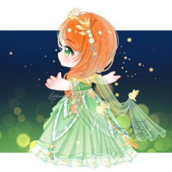 1girl animal bare_shoulders bird border braid chibi closed_mouth crown_braid dress expressionless fireflies frilled_dress frills from_behind gown green_dress green_eyes green_shawl hair_bobbles hair_ornament hair_over_shoulder highres infinity_nikki letterboxed light_blush light_particles long_dress long_hair looking_ahead low-tied_long_hair night night_sky nikki_(series) off-shoulder_dress off_shoulder orange_hair outdoors outside_border outstretched_arms pleated_dress pointy_nose short_sleeves sky solo sparkle standing striped_clothes striped_dress stylist_(nikki) tangguo_xiaolan tareme tiara vertical-striped_clothes vertical-striped_dress white_border yellow_sleeves 