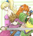  1boy 2girls bare_shoulders blonde_hair brown_hair earrings facepaint feathers hair_feathers hayashi-34523537 headband hoop_earrings jewelry long_hair multiple_girls pointy_ears popoie purim purple_eyes randi red_hair redhead seiken_densetsu seiken_densetsu_2 spiked_hair spiky_hair staff sword tabard tunic violet_eyes weapon 