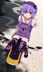  1girl arm_support arms_behind_back bare_shoulders blush blush_stickers breasts cigarette collarbone commentary_request criss-cross_halter detached_sleeves dress frilled_dress frills from_above full_body hair_between_eyes hair_ornament halter_dress halterneck highres honda kakihito_shirazu long_hair long_sleeves looking_at_viewer motor_vehicle motorcycle mouth_hold on_motorcycle outdoors purple_dress purple_hair purple_sleeves purple_thighhighs ribbed_dress ribbed_sleeves ribbed_thighhighs shadow shoes short_dress short_hair_with_long_locks sidelocks sitting sleeveless smoke smoke_trail smoking solo thigh-highs violet_eyes vocaloid voiceroid yuzuki_yukari zettai_ryouiki 