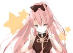  alternate_hairstyle blush bow hair_bow long_hair mahou_shoujou_madoka_magica megurine_luka naniiro pink_hair ponytail sakura_kyouko smile solo v vocaloid 