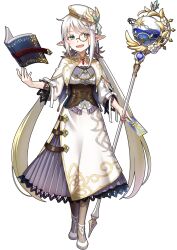  1girl :d blonde_hair blush book brown_pantyhose capelet card commentary_request dress floating floating_book floating_object full_body green_eyes hat highres holding holding_card holding_staff long_hair long_sleeves looking_at_viewer low_twintails monocle open_mouth original pantyhose pointy_ears shoes shuu_(syuuuuuuuuuu) sidelocks simple_background smile solo staff standing twintails very_long_hair white_background white_capelet white_dress white_hair white_hat white_shoes 