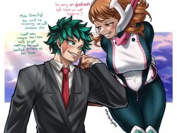  1boy 1girl artist_name boku_no_hero_academia english_text formal medium_hair midoriya_izuku scar scar_on_arm scar_on_face short_hair uraraka_ochako 