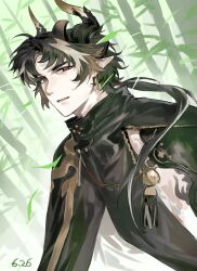  1boy arknights black_cloak black_hair brown_hair chinese_commentary chongyue_(arknights) cloak commentary_request earrings grey_hair hair_intakes half-closed_eyes high_collar highres jewelry leaf long_hair looking_at_viewer male_focus multicolored_hair parted_lips pointy_ears red_eyes sirilovechina solo upper_body wind 