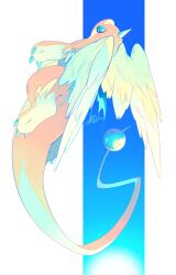  blue_background blue_eyes claws dragonite flying head_wings highres horns mega_dragonite no_humans pokemon pokemon_(creature) pokemon_legends:_z-a signature single_horn very_long_tail white_background wings 