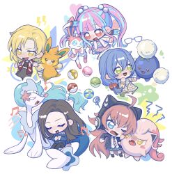  5girls absurdres animal_ear_headphones animal_ears aqua_hair asahi_rokka bang_dream! black_hair blonde_hair blue_eyes blue_hair cat_ear_headphones chibi closed_eyes crossover fake_animal_ears full_body glass green_eyes headphones highres jumpluff long_hair love_ball multicolored_hair multiple_girls murenzi musical_note nyubara_reona pawmot pink_hair poke_ball pokemon primarina quick_ball raise_a_suilen safari_ball sato_masuki scream_tail short_hair simple_background sylveon tamade_chiyu two-tone_hair ultra_ball wakana_rei white_background yellow_eyes 