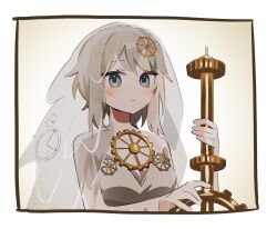  10rigar 1girl blue_eyes border bridal_veil clock_hair_ornament dress everlasting_(e.g.o) faust_(project_moon) gears highres holding holding_weapon limbus_company looking_at_viewer object_on_breast project_moon short_hair simple_background solo upper_body veil weapon white_border white_dress white_hair white_veil yellow_background 