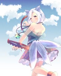  1girl animal_ears backless_outfit bare_shoulders bear_trap blue_sky blue_streaks clouds feet_out_of_frame from_below gem green_gemstone highres jewelry light_blush light_smile mitsugashira_enoko multiple_tails necklace pink_skirt purple_shirt r9nr9 red_eyes see-through_clothes see-through_sleeves shirt skirt sky solo tail touhou white_hair wolf_ears wolf_girl wolf_tail 