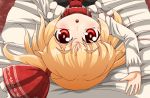  arm_up blonde_hair blush collar face hair_ribbon leash looking_at_viewer on_back open_mouth red_eyes ribbon roco_(katsuya1011) rumia shirt short_hair solo the_embodiment_of_scarlet_devil touhou upside-down vest youkai 