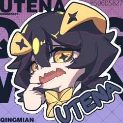  +_+ 1girl black_hair black_nails black_shirt character_name chibi chibi_only fangs gem hair_between_eyes highres hiiragi_utena horns looking_at_viewer magia_baiser magical_girl mahou_shoujo_ni_akogarete open_mouth portrait qing_mian shirt short_hair skin_fangs star-shaped_gem watermark yellow_eyes yellow_gemstone 