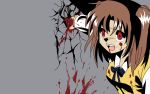  1280x800 1girl blood brown_hair fangs flat_color highres punching red_eyes shatter solo sweater_vest tears tsukihime twintails vampire wall wallpaper yumizuka_satsuki 
