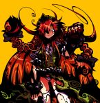  beret blood bow braid clenched_hands hair_bow hat hong_meiling ichikai long_hair panties red_hair redhead skull solo star torn_clothes touhou twin_braids underwear very_long_hair vest yellow_background 