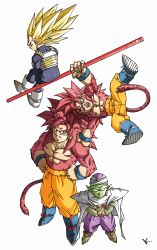  4boys alien blonde_hair blue_bodysuit blue_boots bodysuit boots cape character_request colored_skin dragon_ball dragon_ball_daima green_skin highres holding holding_staff kakeru_(dbskakeru) monkey_tail multiple_boys namekian orange_pants pants piccolo pointy_ears red_eyes red_hair red_tail simple_background sitting son_goku spiky_hair staff tail toriyama_akira_(style) vegeta white_background white_boots white_cape 