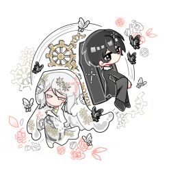  1boy 1girl 3265250247cg black_butterfly black_coat black_eyes black_hair black_pants black_shoes bridal_veil bug butterfly chibi clock_hair_ornament clock_print closed_eyes coat coffin collared_shirt dress e.g.o_(project_moon) everlasting_(e.g.o) faust_(project_moon) flower full_body gears gloves limbus_company long_sleeves looking_at_viewer pants pink_flower pink_rose project_moon rose shirt shoes short_hair simple_background sitting solemn_lament_(e.g.o) veil wedding_dress white_background white_butterfly white_dress white_gloves white_hair white_shirt white_veil yi_sang_(project_moon) 