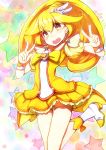  bike_shorts cure_peace double_v dress highres kise_yayoi magical_girl nuko-d open_mouth precure shorts_under_skirt smile_precure! solo star starry_background v wrist_cuffs yellow_dress yellow_eyes 