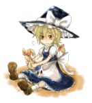  blonde_hair bow braid child dress hair_bow hat hat_bow holding kirisame_marisa shanghai_doll single_braid sitting solo tears tigern touhou witch witch_hat yellow_eyes young 