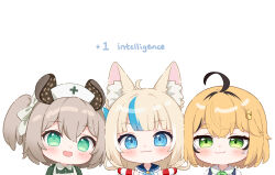  3girls ahoge animal_ear_fluff animal_ears black_hair blonde_hair blue_eyes blue_hair blue_sailor_collar brown_hair cat_ears chibi collared_dress collared_shirt commentary dooby_(vtuber) dress english_commentary english_text green_dress green_eyes hat highres hitsukuya indie_virtual_youtuber lifebuoy_hair_ornament multicolored_hair multiple_girls nimi_nightmare nurse_cap sailor_collar sailor_dress sameko_saba shirt short_eyebrows simple_background sleeveless sleeveless_dress streaked_hair thick_eyebrows upper_body virtual_youtuber white_background white_dress white_hat white_shirt 