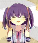  :d ^_^ bad_id bare_shoulders closed_eyes detached_sleeves eyes_closed hair_ribbon honey0x0x0 open_mouth original purple_hair ribbon smile solo twintails usamito 