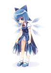  :o blue_eyes blue_hair bow cirno dress hair_bow ice ice_wings jumper kiira looking_down mary_janes panties pantyshot shoes simple_background solo touhou underwear white_background white_panties wings 
