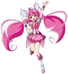  antenna_hair arm_up bike_shorts boots bowtie brooch choker cure_happy dress happy hato_(shinhwa-drive) head_wings highres hoshizora_miyuki jewelry long_hair magical_girl pink_dress pink_eyes pink_hair precure shorts_under_skirt skirt smile_precure! solo standing_on_one_leg tiara transparent_background twintails white_background wrist_cuffs 