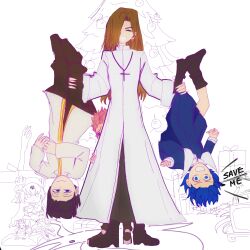  2boys 3girls black_boots black_hair blue_eyes blue_hair boots breasts brown_hair christmas_tree ciel_(tsukihime) closed_eyes cross cross_necklace dress gift hiding hiding_behind_another highres jewelry light_smile long_sleeves looking_at_viewer medium_breasts merem_solomon merem_solomon&#039;s_demon_of_the_left_arm merem_solomon&#039;s_demon_of_the_right_arm mr._dawn multiple_boys multiple_girls narbareck necklace no_01r partially_colored short_hair sketch smile talking tsukihime 