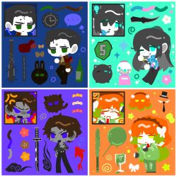  1girl 3boys :&lt; :d ? absurdres adapted_costume anger_vein aqua_background arm_tattoo baseball_bat beer_bottle black_hair black_pants blue_background blue_eyes blue_shirt border bow brown_hair brown_jacket cat chibi collared_shirt dark-skinned_male dark_skin dead_rabbits_(identity)_(project_moon) e.g.o_(project_moon) freckles full_body green_eyes green_jacket green_pants gumball_machine hair_bow hawaiian_shirt heathcliff_(project_moon) high_ponytail highres hong_lu_(project_moon) ishmael_(project_moon) jacket kurokumo_clan_(identity)_(project_moon) limbus_company long_hair looking_at_viewer meursault_(project_moon) multiple_boys multiple_views necktie octopus orange_background orange_hair pants ponytail project_moon purple_background rabbit red_necktie shirt short_hair simple_background slime_(substance) sloshing_(e.g.o) smile standing star_(symbol) tattoo technology_liberation_alliance_(identity)_(project_moon) tingtang_gang_(identity)_(project_moon) violet_eyes white_border white_bow wohaoxuanku 
