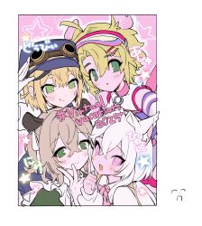  2025 4girls ahoge animal_ears ashton_marten_(vtuber) blonde_hair blue_hat blush character_name chinchilla_ears commentary_request commission dooby_(vtuber) flat_color green_eyes hair_between_eyes hashtag hat highres hyuni_(character) indie_virtual_youtuber looking_at_viewer multiple_girls nimi_nightmare no_pupils pac-man_eyes pink_eyes short_eyebrows skeb_commission soreeyu_(sore-yu) star_(symbol) tapir_ears virtual_youtuber visor_cap white_hair 