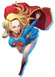  alien blonde_hair blue_eyes boots breasts cape dc_comics erect_nipples eroquis flying hanging_breasts kryptonian large_breasts long_hair looking_at_viewer midriff revision s_shield skirt supergirl superman_(series) taut_shirt 