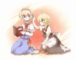  alice_margatroid blonde_hair blue_eyes book bow braid dress hair_bow hairband holding holding_book kirisame_marisa kneeling multiple_girls open_book playing_with_hair short_hair single_braid sitting tigern touhou 