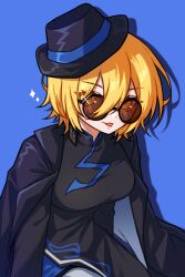  1girl absurdres black_coat black_dress black_hat blonde_hair blue_background breasts brown-tinted_eyewear china_dress chinese_clothes cinq_association_east_uniform coat coat_on_shoulders don_quixote_(project_moon) dress earrings hat highres jewelry limbus_company looking_at_viewer nhom_(woogi) ofuda_earrings partially_opaque_sunglasses project_moon round_eyewear short_hair simple_background single_earring solo sunglasses tilted_headwear tinted_eyewear upper_body yellow_eyes 