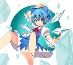  :d aa44 bad_feet barefoot blue_eyes blue_hair bow cirno dress hair_bow ice ice_wings open_mouth poorly_drawn ribbon smile solo touhou wings 