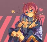  androgynous aqua_hair bad_id blue_eyes blush heart hug hug_from_behind inazuma_eleven inazuma_eleven_(series) inazuma_eleven_go kariya_masaki kirino_ranmaru male multiple_boys nun_bou pink_hair sitting star track_suit twintails yaoi yellow_eyes 