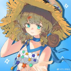  1girl absurdres bare_arms blue_background blue_eyes brown_hair brown_hat closed_mouth dress drop_shadow eyewear_on_head fishnet_dress hand_on_headwear hands_up hat highres looking_at_viewer marcus_(on_the_white_sand)_(reverse:1999) marcus_(reverse:1999) medium_hair official_alternate_costume outstretched_hand reverse:1999 shell sleeveless sleeveless_dress smile solo starfish strapless tube_top upper_body very_low_bun watermark weibo_watermark white_tube_top zhishi_chuan_nao_guo 