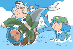  3girls backpack bag blue_hair blue_hat blue_shirt blue_sky boat closed_eyes closed_mouth clouds collared_shirt commentary_request fins full_body green_bag green_hat grey_hair hair_bobbles hair_ornament hat head_fins jewelry kawashiro_nitori key key_necklace looking_at_another mermaid mononobe_no_futo monster_girl multiple_girls necklace newsboy_cap onikobe_rin shirt short_hair sky slapping tate_eboshi touhou two_side_up wakasagihime watercraft 