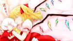  ascot blonde_hair closed_eyes eyes_closed flandre_scarlet hair_ribbon hat hat_removed headwear_removed highres lying mesonasi on_side ribbon shirt side_ponytail skirt skirt_set sleeping solo the_embodiment_of_scarlet_devil touhou wings wrist_ribbon z 